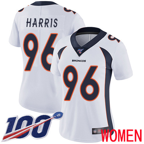 Women Denver Broncos 96 Shelby Harris White Vapor Untouchable Limited Player 100th Season Football NFL Jersey